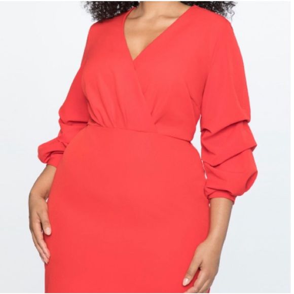 Eloquii Dresses & Skirts - EUC Eloquii | Red Puff Sleeve Overlap V-Neck Dress 20 22 24 2X 3X